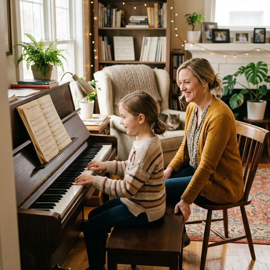 A parent and child sharing a piano lesson at home