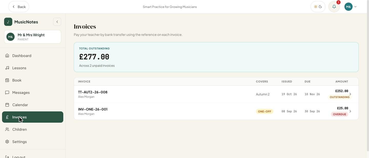 The invoices page showing the total outstanding and two invoices, with a note to pay by bank transfer using the reference