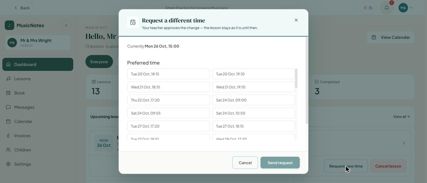 A dialog titled Request a different time, listing the free times the teacher has made available to choose from