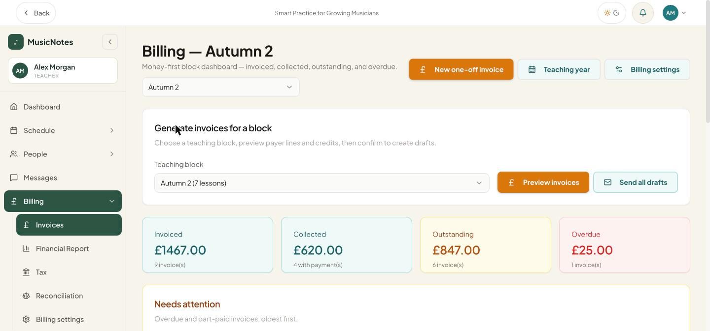 The billing page for the Autumn 2 block, with a button to preview invoices and totals for invoiced, collected, outstanding and overdue
