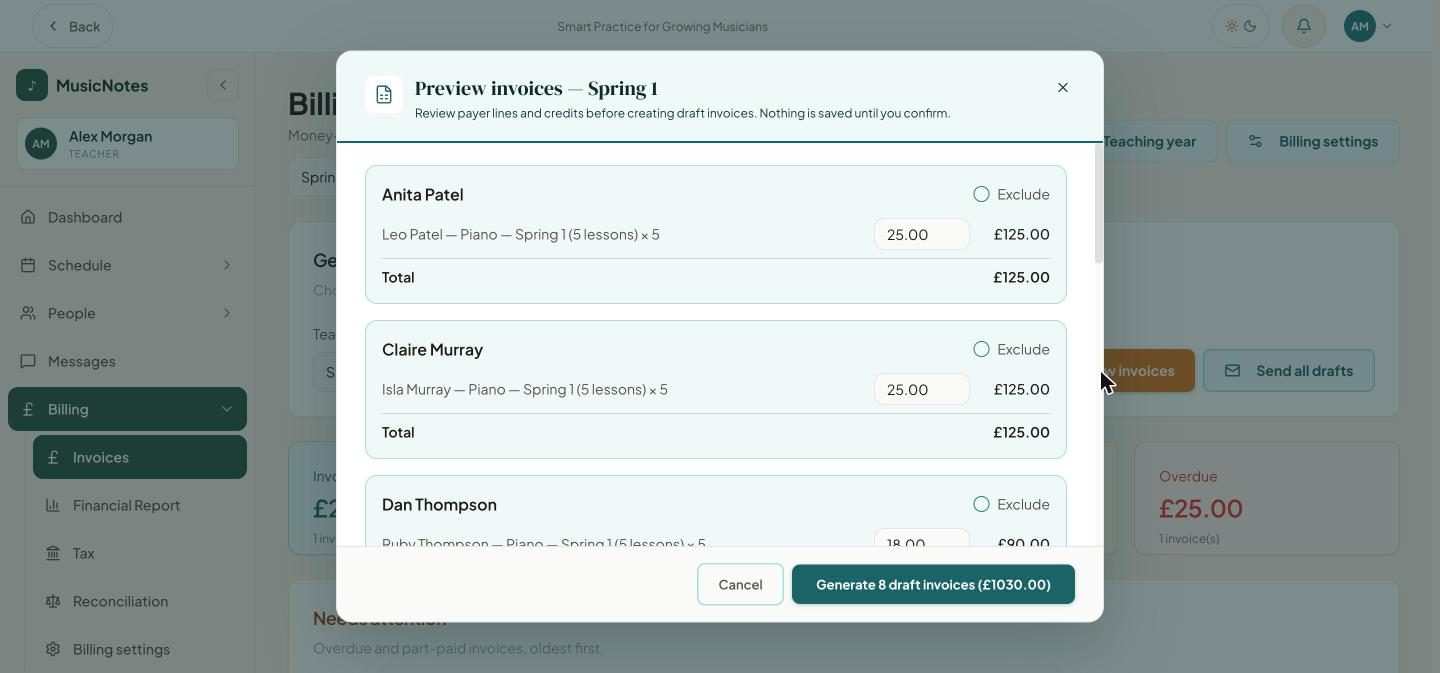 A preview of invoices for the Spring 1 block, listing each family's lines with an editable price and a button to generate draft invoices
