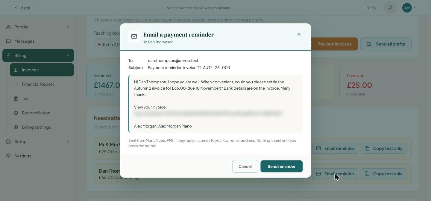A preview of a polite payment reminder email to a parent, with a Send reminder button and a note that nothing is sent until the button is pressed