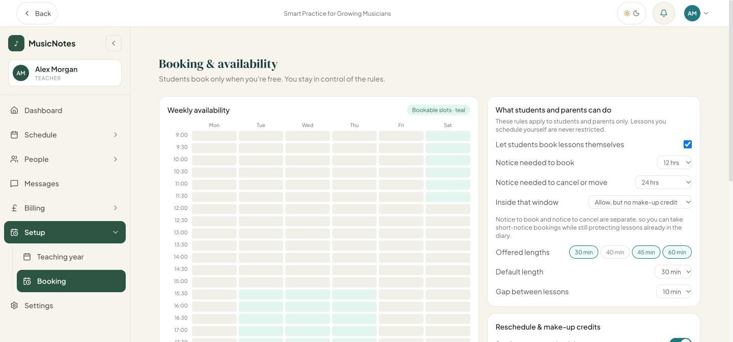 The booking and availability page, with a weekly grid of the times the teacher is free and rules for notice, lesson lengths and gaps