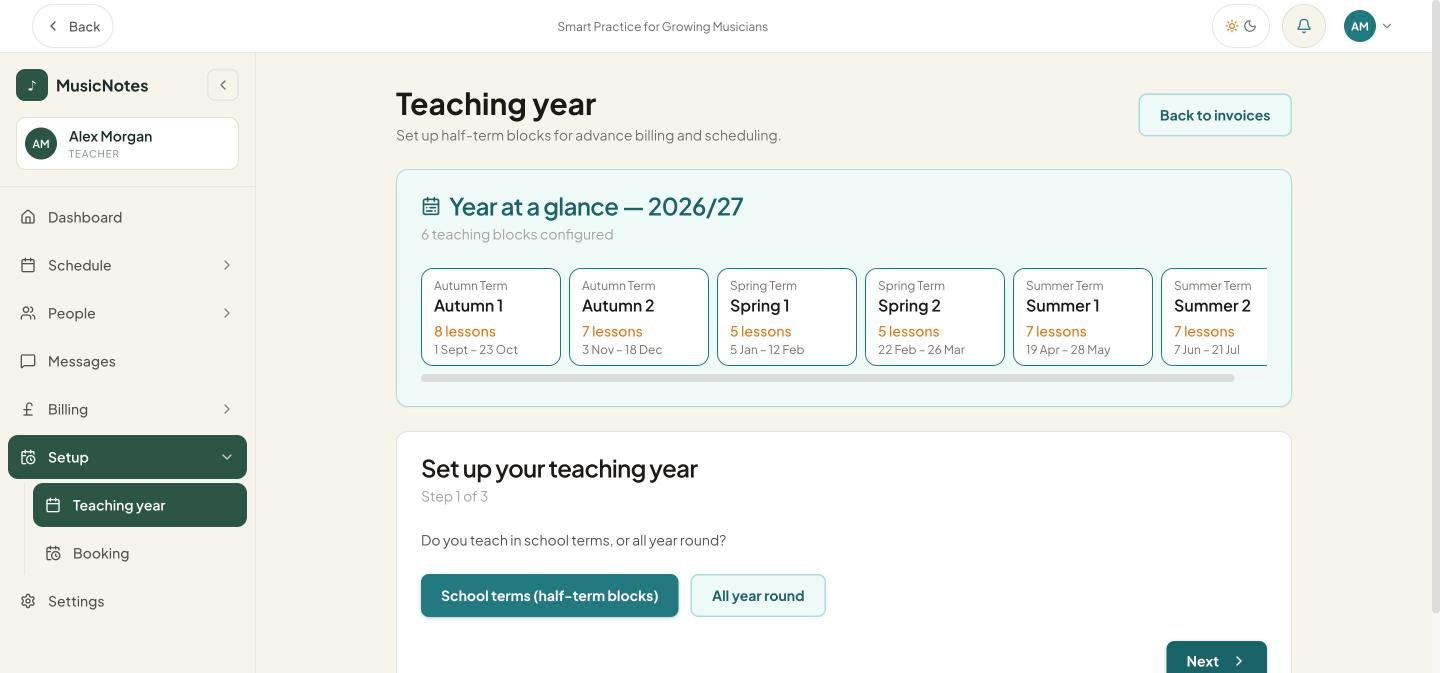 The teaching year for 2026/27 shown as six half-term blocks with their dates and lesson counts